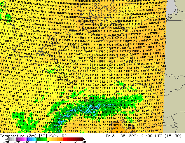 Temperatura (2m) ICON-D2 Sex 31.05.2024 21 UTC