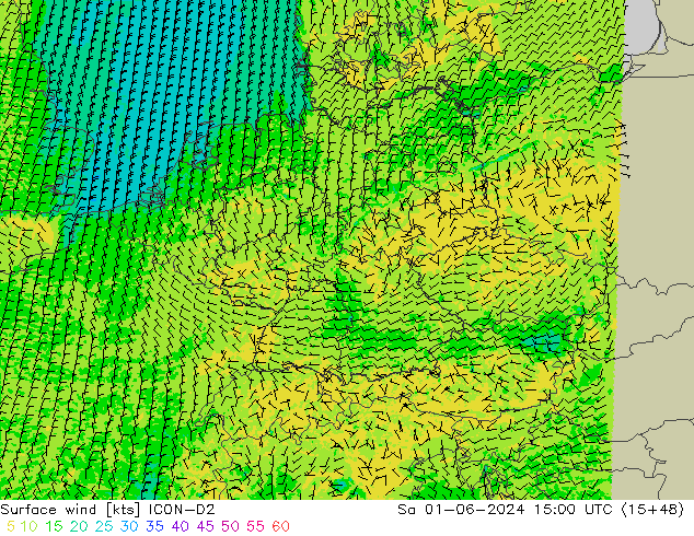 Surface wind ICON-D2 Sa 01.06.2024 15 UTC