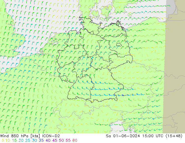 Vento 850 hPa ICON-D2 Sáb 01.06.2024 15 UTC