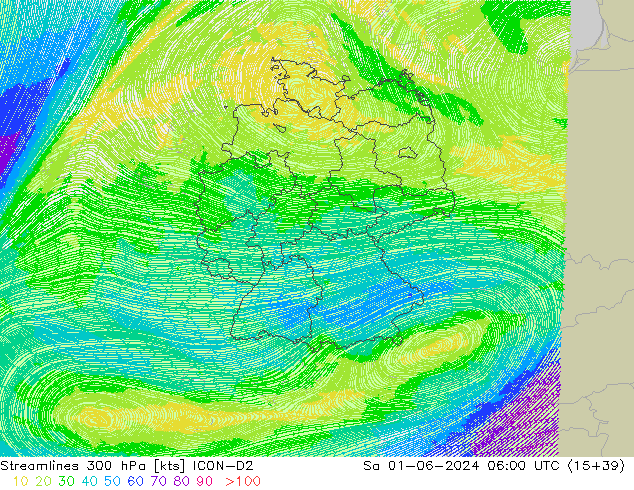 Linea di flusso 300 hPa ICON-D2 sab 01.06.2024 06 UTC