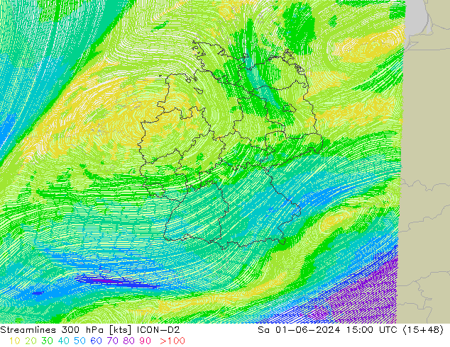 Streamlines 300 hPa ICON-D2 Sa 01.06.2024 15 UTC