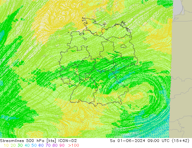 Linea di flusso 500 hPa ICON-D2 sab 01.06.2024 09 UTC