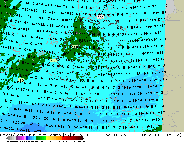 Height/Temp. 500 hPa ICON-D2 Sa 01.06.2024 15 UTC