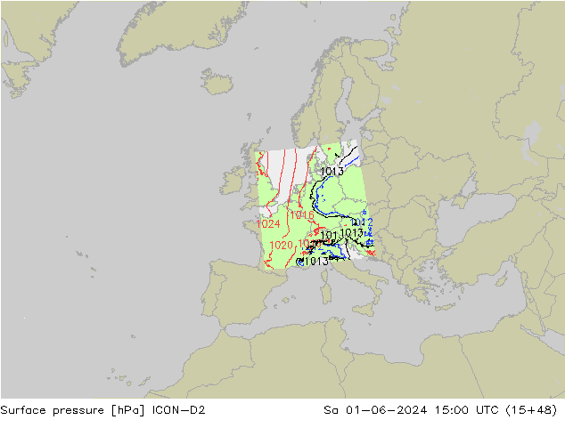 pressão do solo ICON-D2 Sáb 01.06.2024 15 UTC
