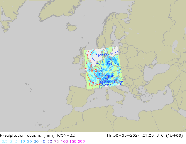 Precipitation accum. ICON-D2 星期四 30.05.2024 21 UTC
