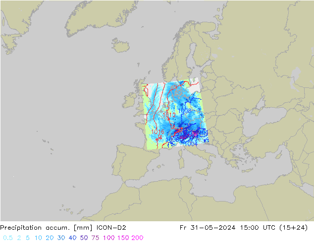 Precipitation accum. ICON-D2 Fr 31.05.2024 15 UTC