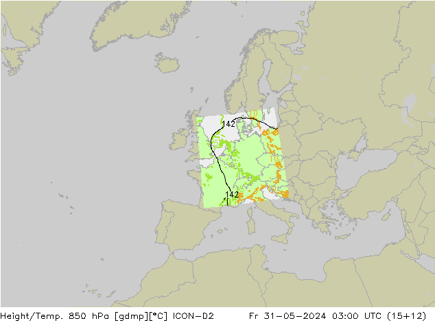 Height/Temp. 850 hPa ICON-D2 Sex 31.05.2024 03 UTC