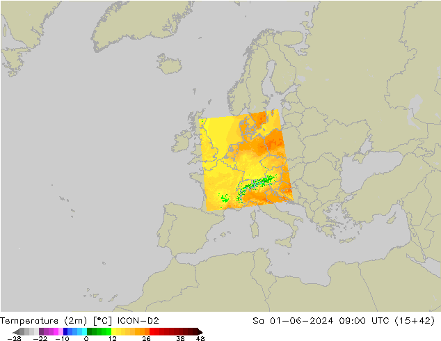 Temperatuurkaart (2m) ICON-D2 za 01.06.2024 09 UTC
