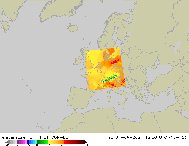 Temperatura (2m) ICON-D2 sab 01.06.2024 12 UTC