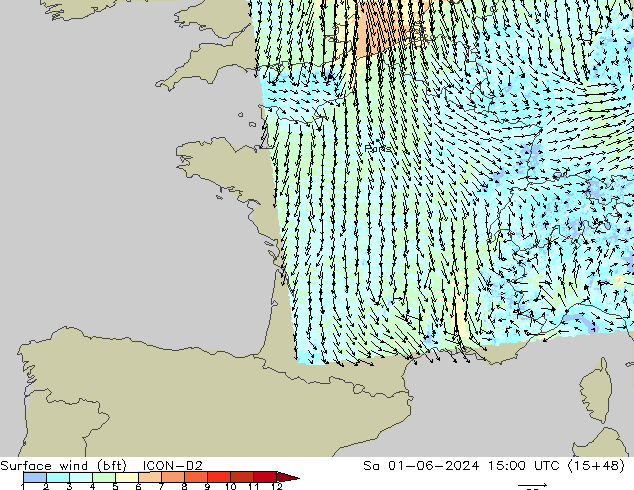 Bodenwind (bft) ICON-D2 Sa 01.06.2024 15 UTC