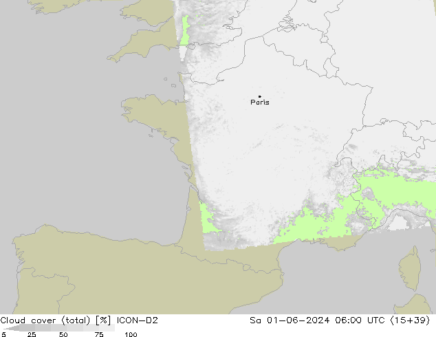 nuvens (total) ICON-D2 Sáb 01.06.2024 06 UTC