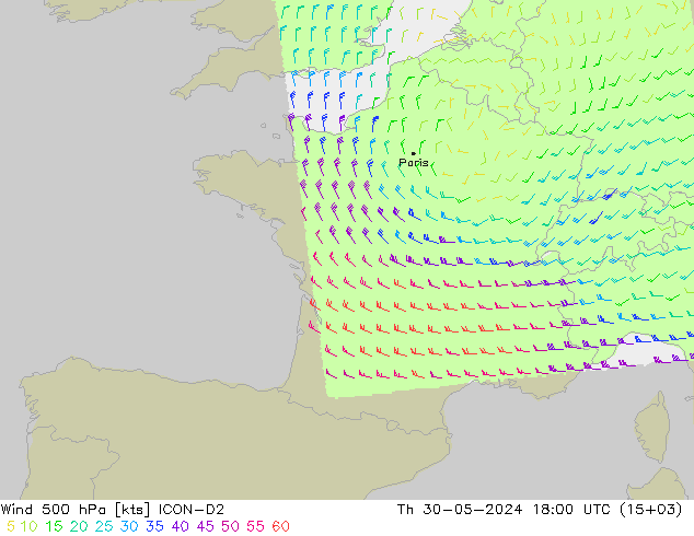 Wind 500 hPa ICON-D2 Do 30.05.2024 18 UTC