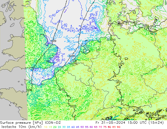 Isotachen (km/h) ICON-D2 Fr 31.05.2024 15 UTC