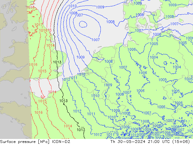 Surface pressure ICON-D2 Th 30.05.2024 21 UTC