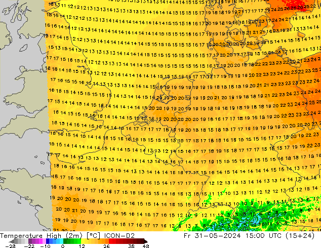 Temperature High (2m) ICON-D2 Fr 31.05.2024 15 UTC