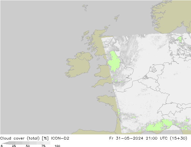 nuvens (total) ICON-D2 Sex 31.05.2024 21 UTC