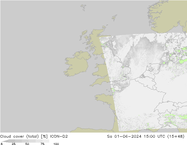 Cloud cover (total) ICON-D2 Sa 01.06.2024 15 UTC