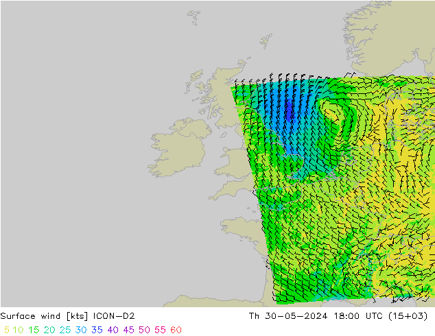 Vento 10 m ICON-D2 gio 30.05.2024 18 UTC