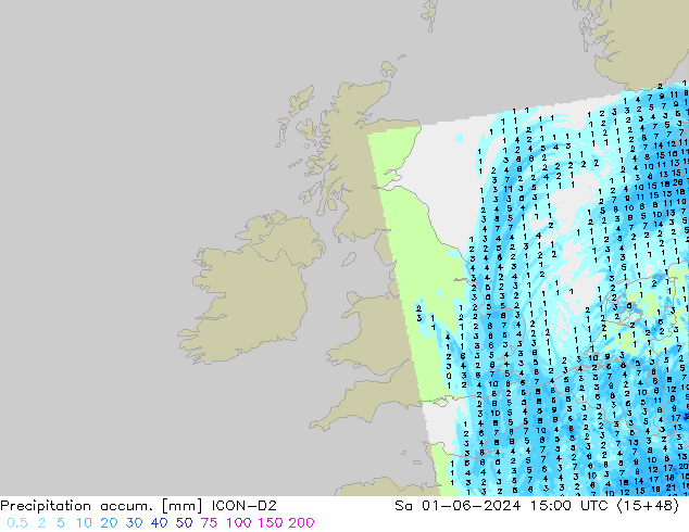 Precipitation accum. ICON-D2 So 01.06.2024 15 UTC