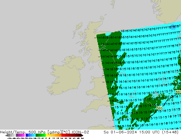 Hoogte/Temp. 500 hPa ICON-D2 za 01.06.2024 15 UTC