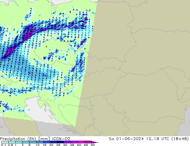 Precipitation (6h) ICON-D2 Sa 01.06.2024 18 UTC