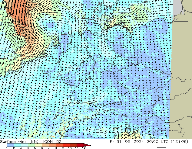 Wind 10 m (bft) ICON-D2 vr 31.05.2024 00 UTC