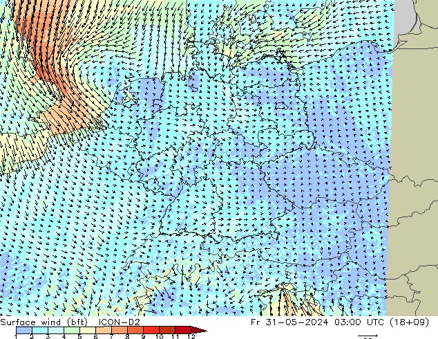 Surface wind (bft) ICON-D2 Fr 31.05.2024 03 UTC