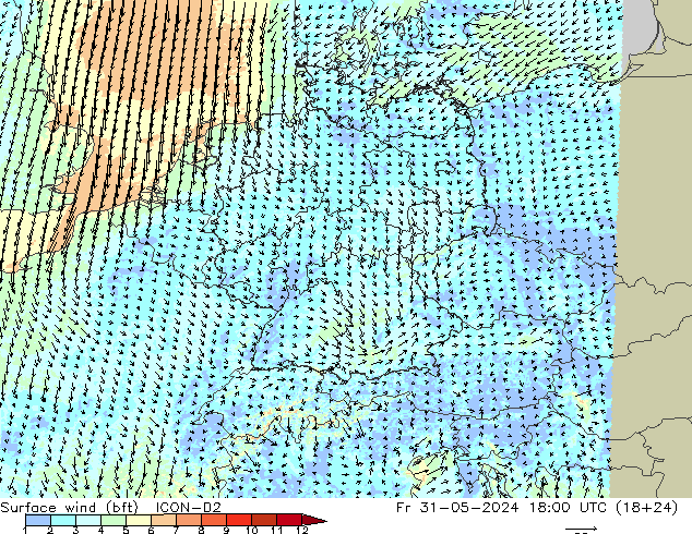 Viento 10 m (bft) ICON-D2 vie 31.05.2024 18 UTC