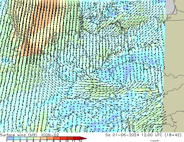 Surface wind (bft) ICON-D2 Sa 01.06.2024 12 UTC
