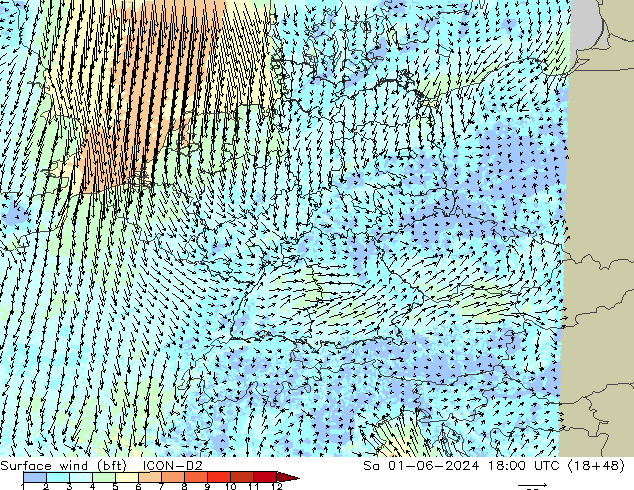 Surface wind (bft) ICON-D2 Sa 01.06.2024 18 UTC