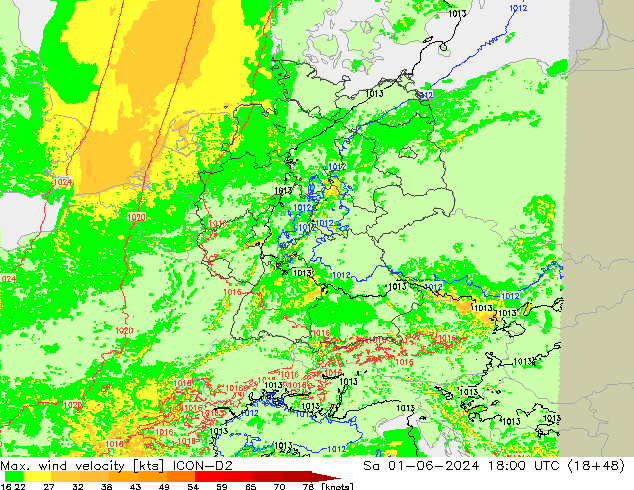 Max. wind velocity ICON-D2  01.06.2024 18 UTC