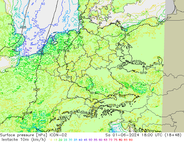 Eşrüzgar Hızları (km/sa) ICON-D2 Cts 01.06.2024 18 UTC