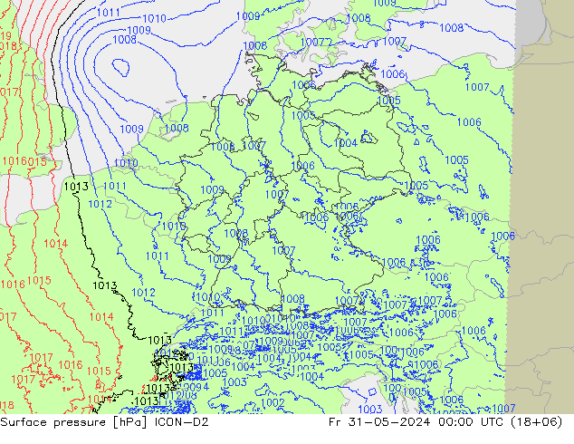 Pressione al suolo ICON-D2 ven 31.05.2024 00 UTC