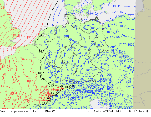 Luchtdruk (Grond) ICON-D2 vr 31.05.2024 14 UTC