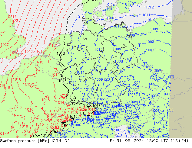 地面气压 ICON-D2 星期五 31.05.2024 18 UTC