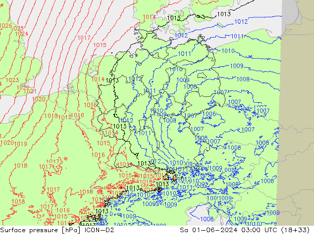 Surface pressure ICON-D2 Sa 01.06.2024 03 UTC