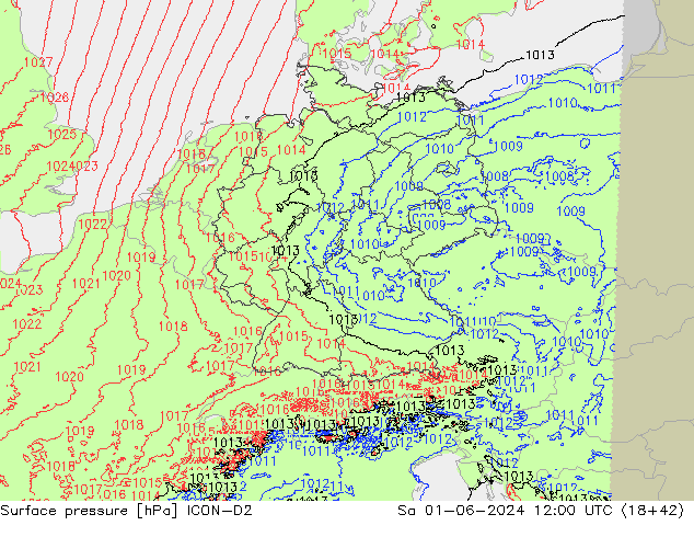 Surface pressure ICON-D2 Sa 01.06.2024 12 UTC