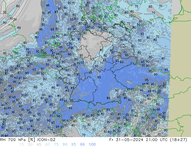 RH 700 hPa ICON-D2 Fr 31.05.2024 21 UTC