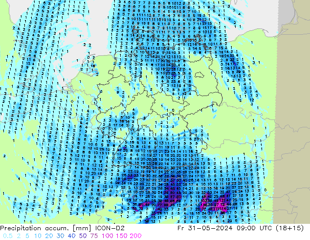 Precipitación acum. ICON-D2 vie 31.05.2024 09 UTC