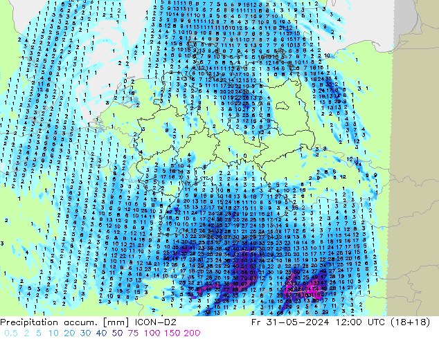 Nied. akkumuliert ICON-D2 Fr 31.05.2024 12 UTC