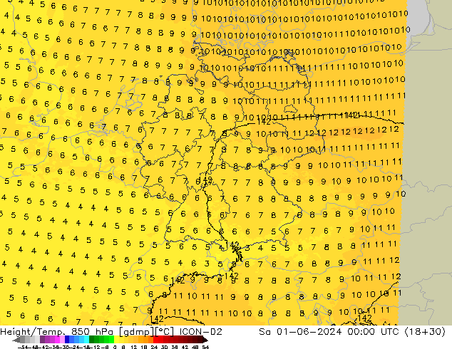 Height/Temp. 850 гПа ICON-D2 сб 01.06.2024 00 UTC