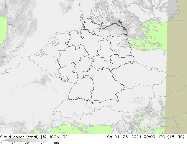 Cloud cover (total) ICON-D2 Sa 01.06.2024 00 UTC
