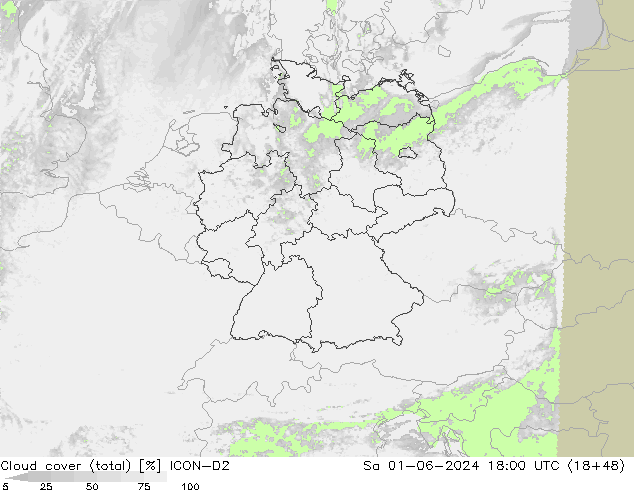 Cloud cover (total) ICON-D2 Sa 01.06.2024 18 UTC