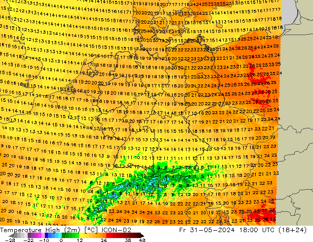 Темпер. макс 2т ICON-D2 пт 31.05.2024 18 UTC
