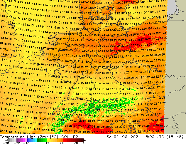 Temperature High (2m) ICON-D2 Sa 01.06.2024 18 UTC