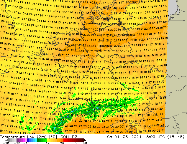Min. Temperatura (2m) ICON-D2 so. 01.06.2024 18 UTC