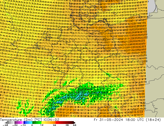 Temperaturkarte (2m) ICON-D2 Fr 31.05.2024 18 UTC