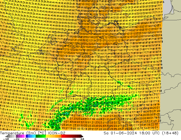 Temperatura (2m) ICON-D2 Sáb 01.06.2024 18 UTC