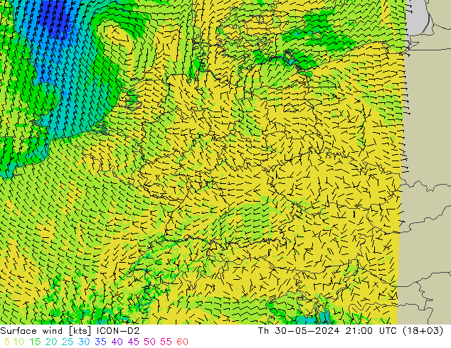 Surface wind ICON-D2 Th 30.05.2024 21 UTC