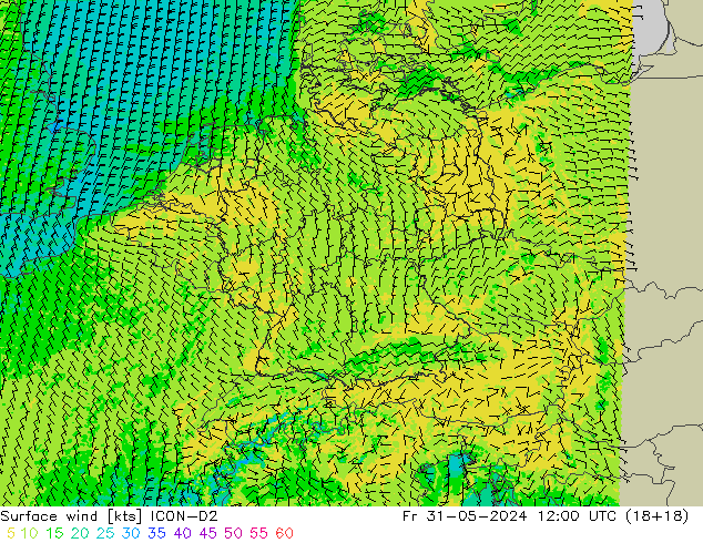 Vento 10 m ICON-D2 Sex 31.05.2024 12 UTC